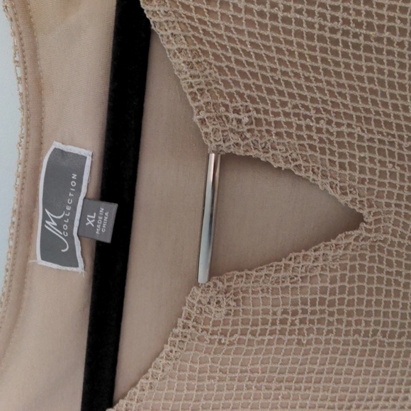 JM Collection XL Tan Lined Top with Netting Overlay, Silver Keyhole, and Sequins - Picture 3 of 6